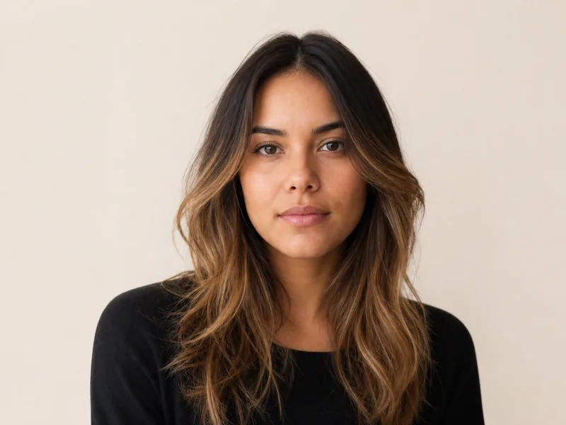 A woman with dark roots melting into caramel mid-lengths and ends