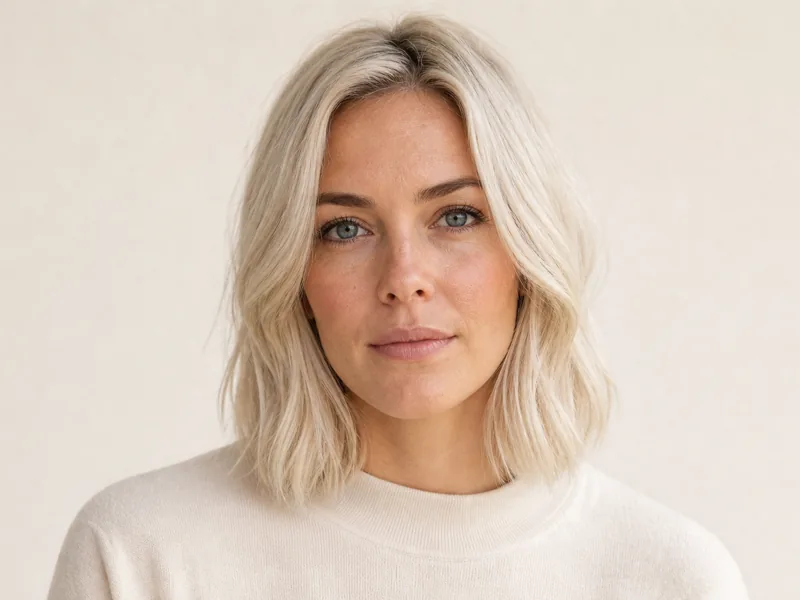 A woman with a cool-toned icy blonde lob