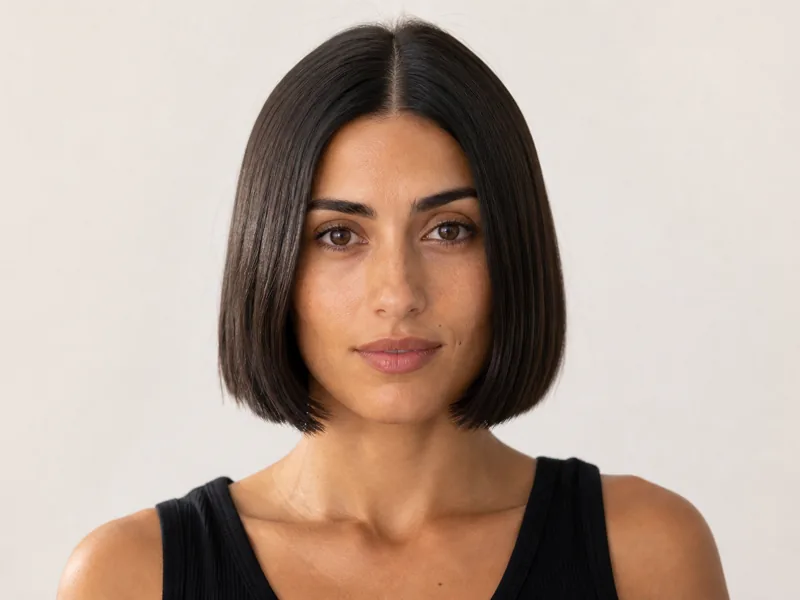 A woman with a glossy chin-length blunt bob and centre part