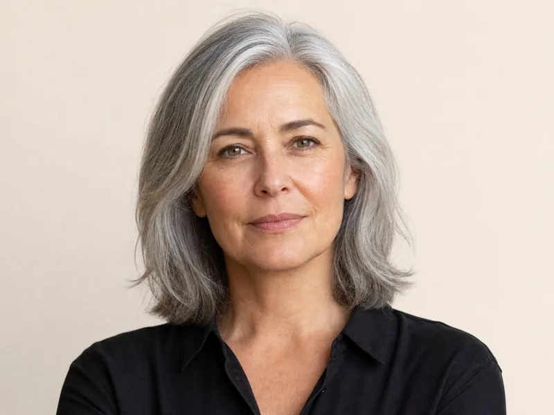 A woman in her fifties with a silver-grey shoulder-length cut