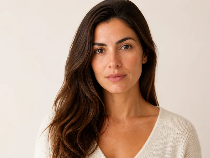 A woman with mid-back length hair in gentle waves
