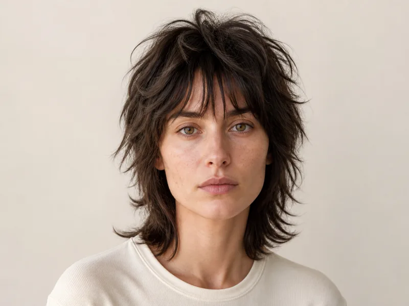A person with a shaggy wolf cut and wispy fringe