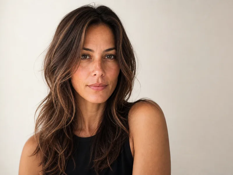 A woman with long face-framing layers and soft movement